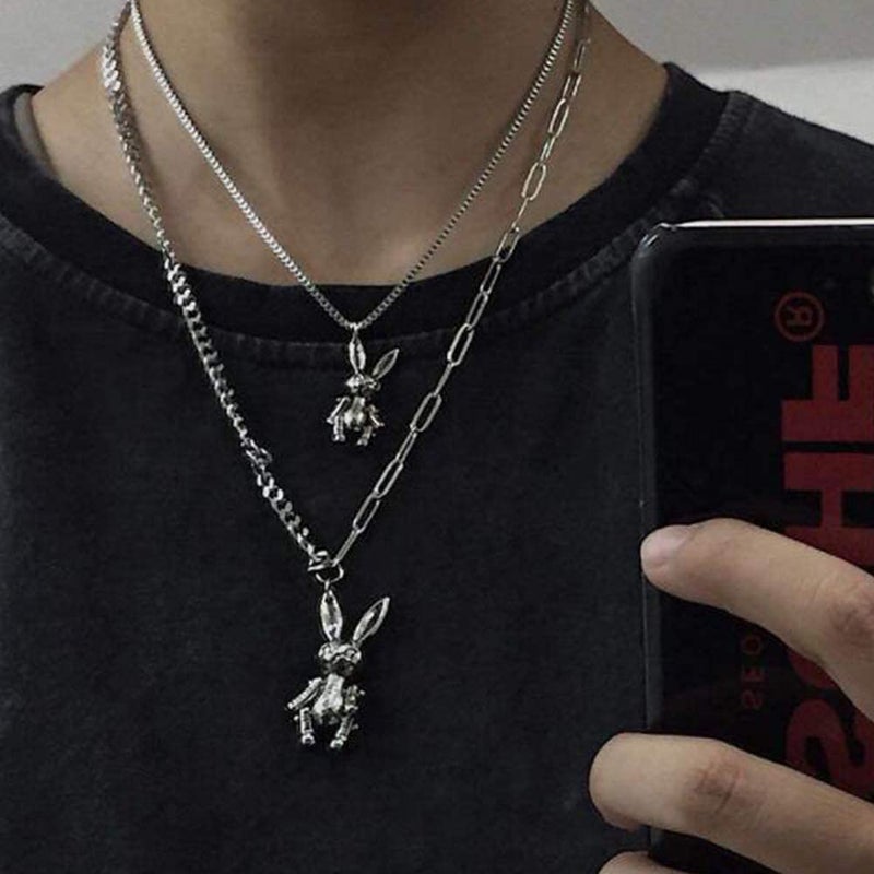 YERTTER Heavy Gothic Grunge Rabbit Pendant Easter Bunny Choker Necklace Statement Long Chain Punk Multilayer Steel Material Choker Necklace for Women and Men - Image 3